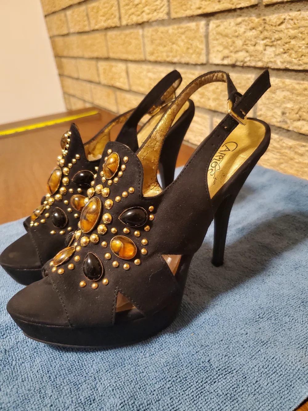 Carlos by Carlos Santana Black Suede Slingback Heels with Amber and Black Jewels